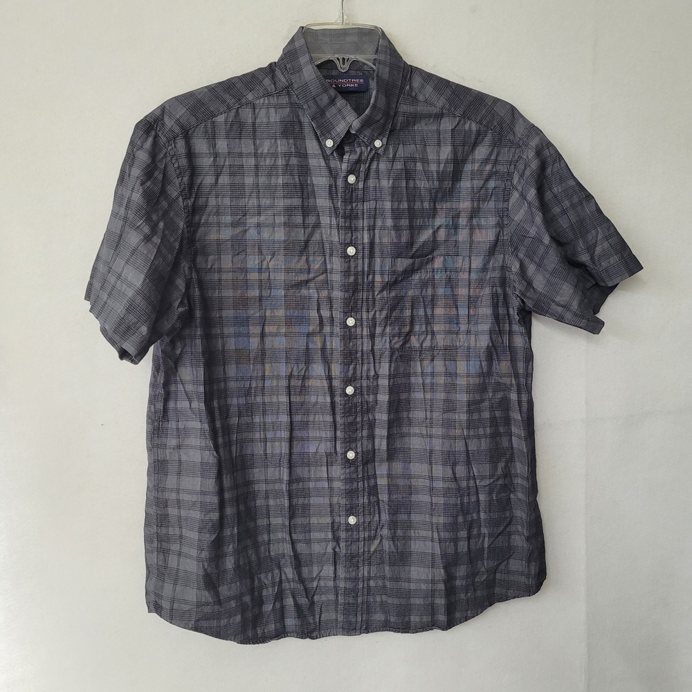 Roundtree & Yorke Mens L‎ Plaid Short Sleeve Button Down Shirt Gray Black Casual